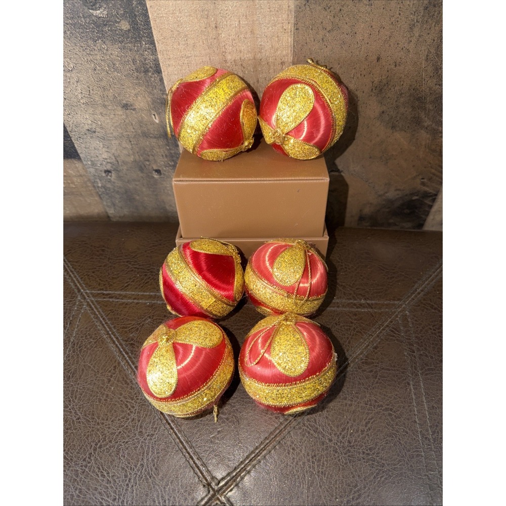 Red Satin String Christmas Ball Ornaments Vintage Lot of 6 Silk Gold Glitter